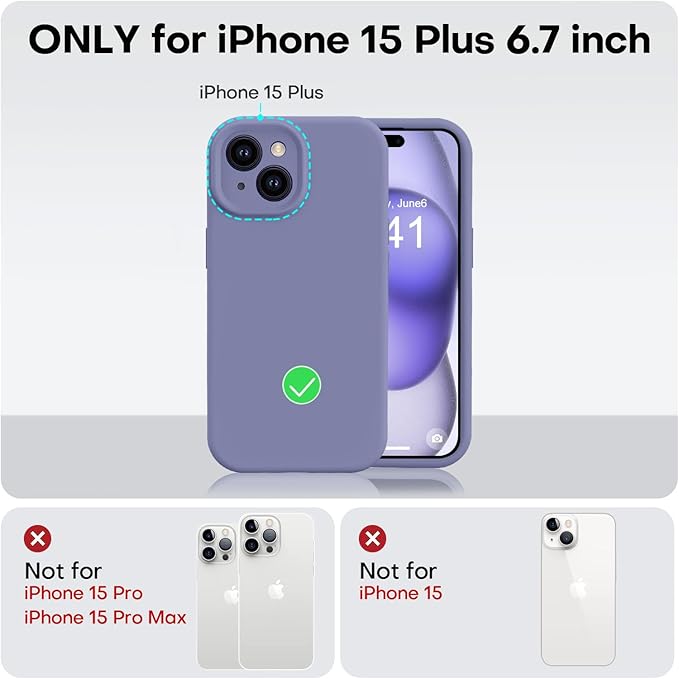 Vooii Compatible with iPhone 15 Plus Case, Upgrade Liquid Silicone [Enhanced Camera Protection] [Soft Anti-Scratch Microfiber Lining] Shockproof Phone Case for iPhone 15 Plus 6.7 inch - Lavender Grey