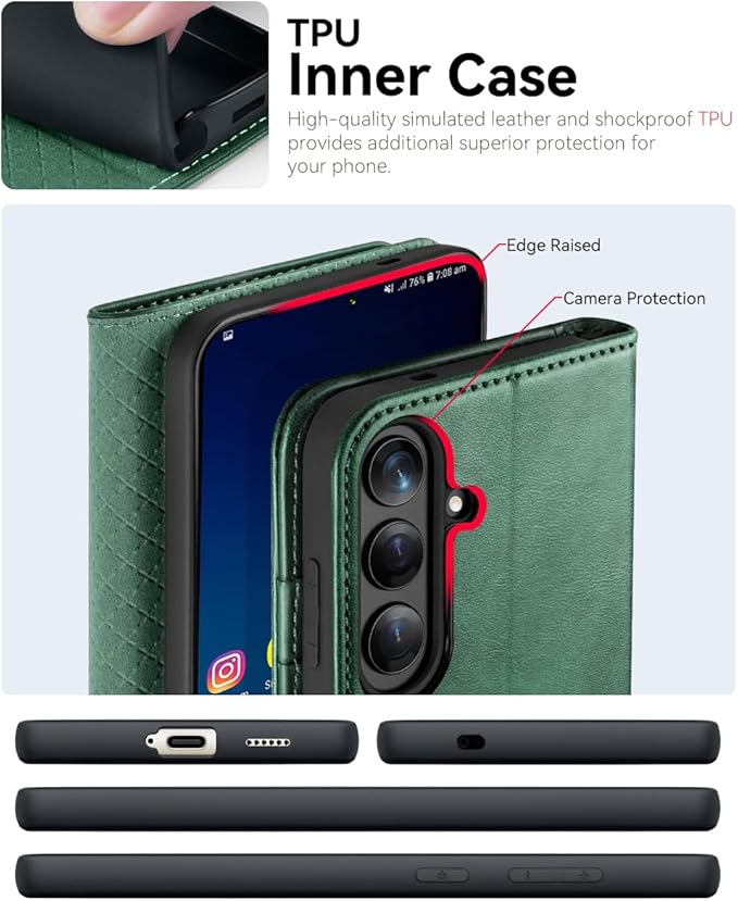 OCASE Compatible with Galaxy S25 Plus Wallet Case, PU Leather Flip Folio Case with Card Holders RFID Blocking Kickstand [Shockproof TPU Inner Shell] Protective Phone Cover 6.7 Inch, Blackish Green