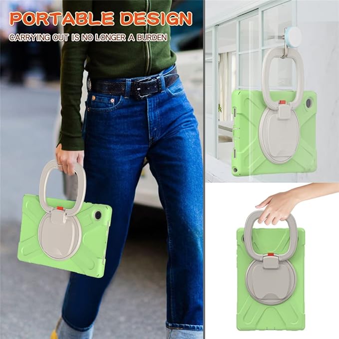 360 Rotation Case for Samsung Galaxy Tab A8 10.5" Sturdy Cover Rotate Ring Stand Shoulder Carrying Strap Hand Strap Rugged Children Adults Outdoor Case, LightGreen