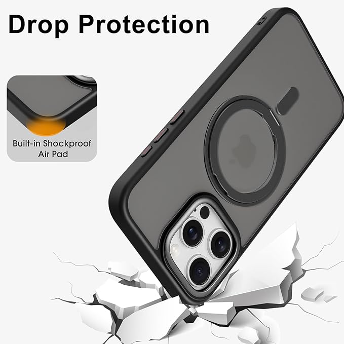 ZIYE Magnetic Case for iPhone 16 Pro Max Case with Stand [Compatible with MagSafe] Slim Shockproof Military Grade Heavy Duty Cover with 360 Rotatable Ring Kickstand for Women Men, Translucent Black