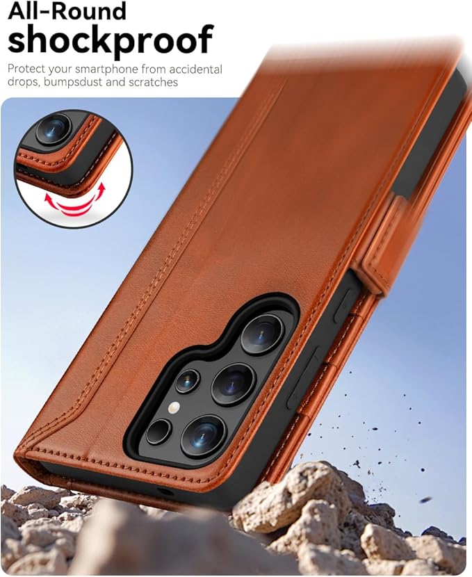 OCASE Compatible with Galaxy S25 Ultra Wallet Case, PU Leather Flip Folio Case with Card Holders RFID Blocking Kickstand [Shockproof TPU Inner Shell] Protective Phone Cover 2025, Retro Brown