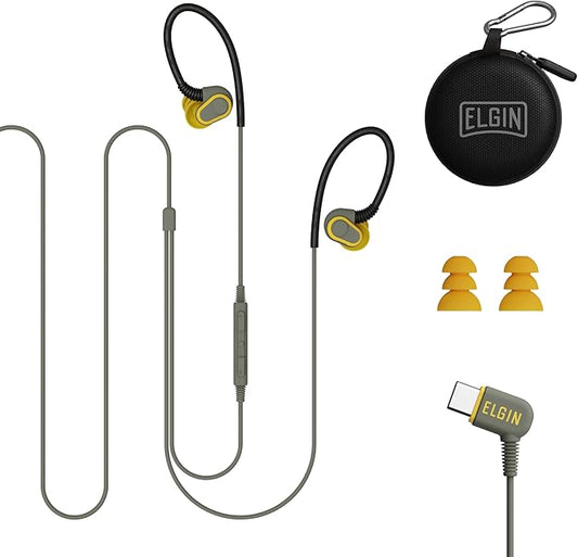 Elgin Rumble Wired Earplug Headphones, 27 dB NRR Waterproof Hearing Protection Earbuds w/Noise-Isolating Mic & in-Line Controller, OSHA Compliant, ANSI Certified, Kevlar Reinforced Cable, IP67, USB-C