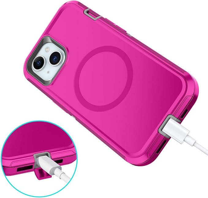 for iPhone 13/14/15 Case [Compatible with MagSafe] Shockproof 3-Layer Full Body Protection Rugged Heavy Duty Cover Case for Apple iPhone 13/14/15 6.1",Rose Red/Grey