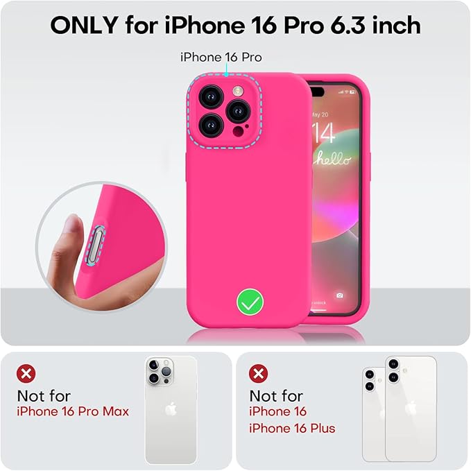Vooii Compatible with iPhone 16 Pro Case, Liquid Silicone Upgrade [Camera Protection] [Soft Anti-Scratch Microfiber Lining] Shockproof Phone Case for iPhone 16 Pro 6.3 inch - Hot Pink