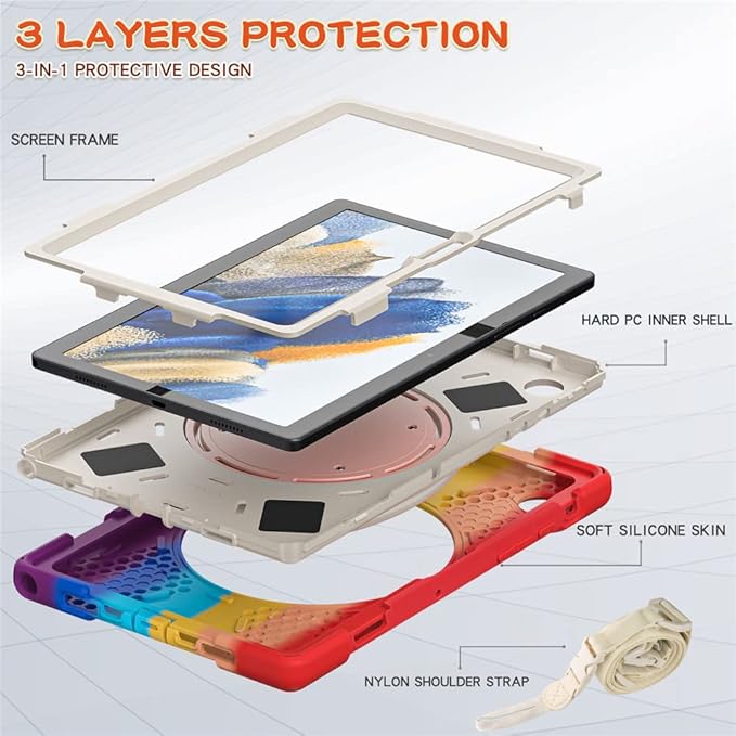 360 Rotation Case for Samsung Galaxy Tab A8 10.5" Sturdy Cover Rotate Ring Stand Shoulder Carrying Strap Hand Strap Rugged Children Adults Outdoor Case, Colourful Red