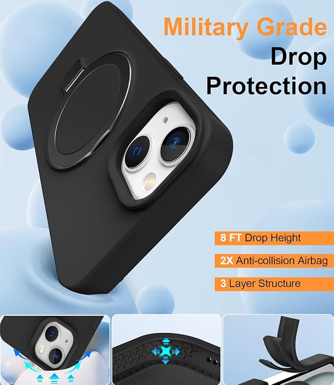 ZHK Liquid Silicone Designed for iPhone 15 Case with Magnet Stand, [Mil-Grade Drop Shockproof][Soft Anti-Scratch Microfiber Lining] Slim Fit Cover, Black