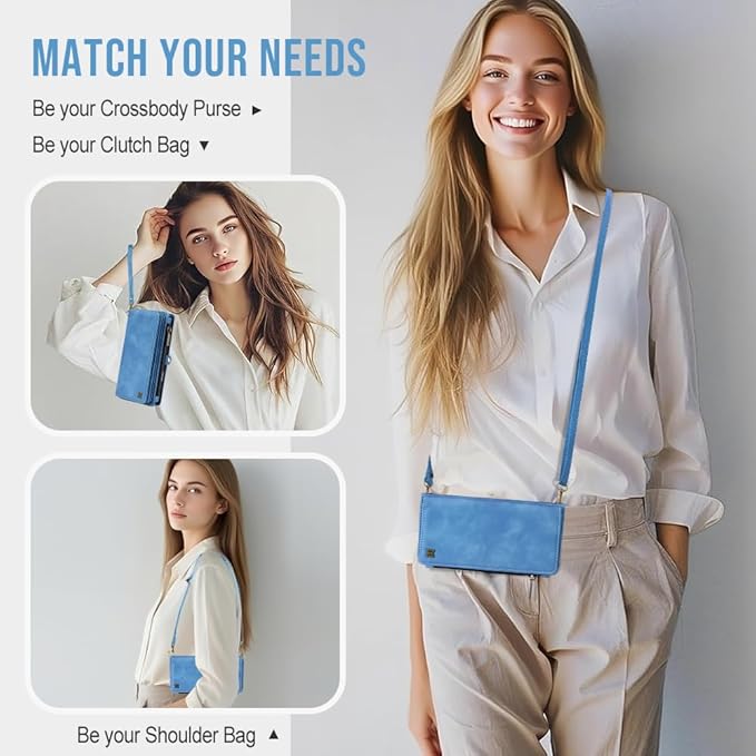 for iPhone 17 Pro Max Wallet Phone Case with 8 Card Holder,RFID Blocking | PU Leather | Kickstand | Flip | Wrist Strap&Shoulder Strap | Shockproof | Zipper Wallet | Women Men | 6.9" | Sky Blue