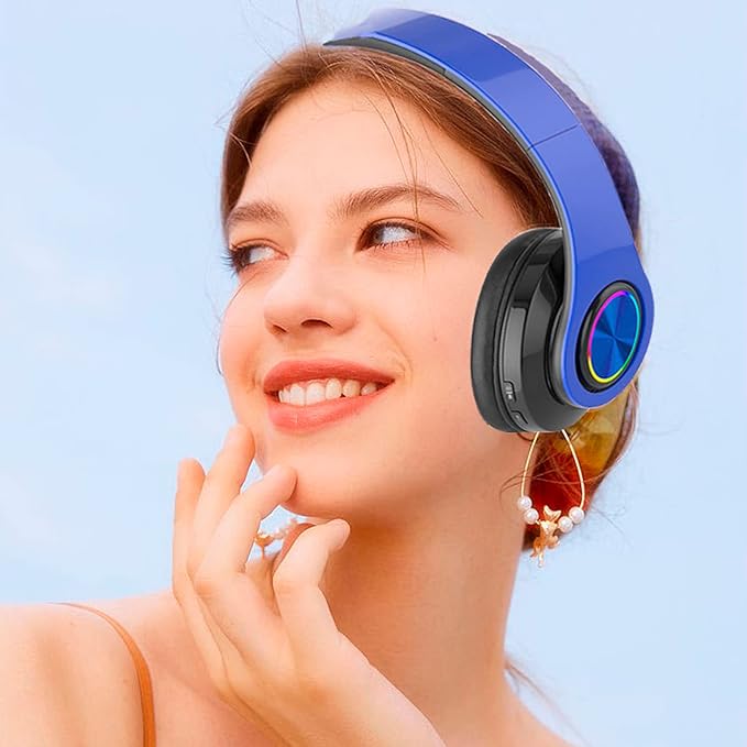 Wireless Bluetooth Headphones with Colorful LED Lights, Built-in Mic, Light Weight, Foldable, Wired HiFi Stereo Headphones for Classroom/Home Office/PC/Mobile Phone/Kids Adult (Blue)