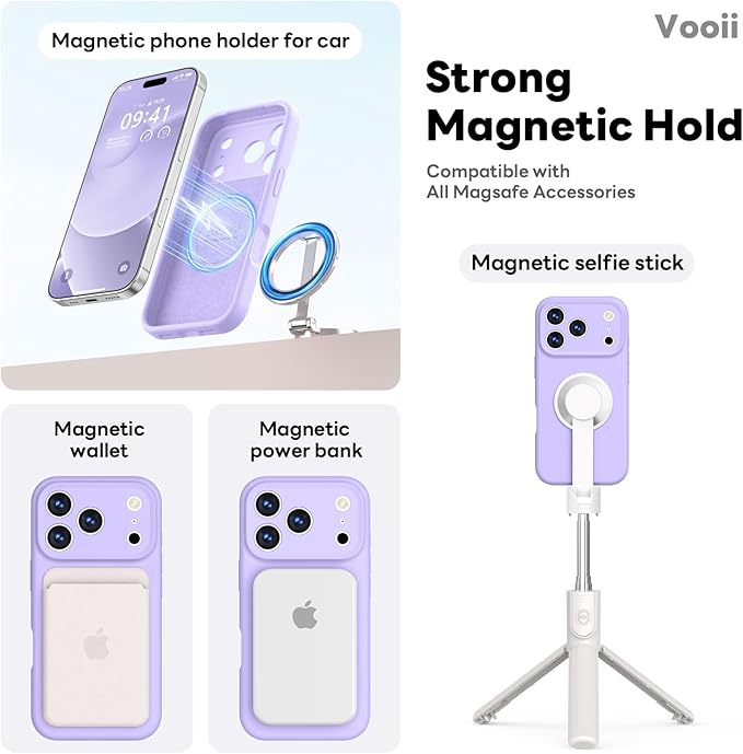 Vooii Magnetic Compatible with iPhone 17 Pro Max Case (Compatible with Magsafe) (Upgraded Camera Protection) Liquid Silicone Shockproof Full Body Protective Phone Cover for Women Men, Light Purple