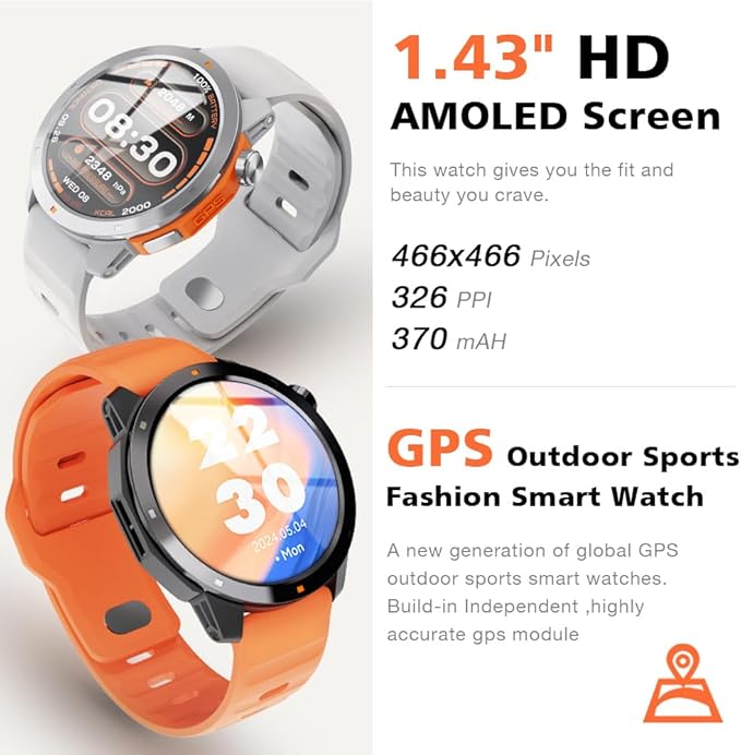 GPS Smart Watch for Men, 1.43'' AMOLED Smartwatch with Compass/Barometer/Altimeter, Heart Rate/Sleep Monitor, 30M Waterproof, 60+ Sports Fitness Tracker for Android/iOS, Black & Orange (2 Bands)