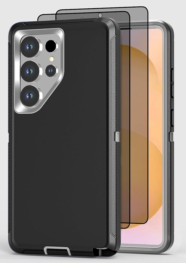 Designed for Samsung Galaxy S25 Ultra Case [with Privacy Screen Protector] 3-Layer Full Body Protection Rugged Shockproof Heavy Duty Phone Case Cover, Black/Grey