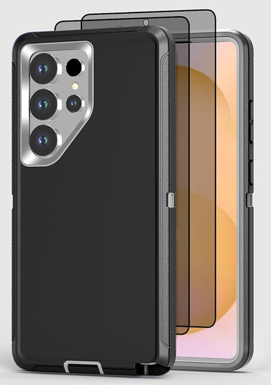 Designed for Samsung Galaxy S25 Ultra Case [with Privacy Screen Protector] 3-Layer Full Body Protection Rugged Shockproof Heavy Duty Phone Case Cover, Black/Grey