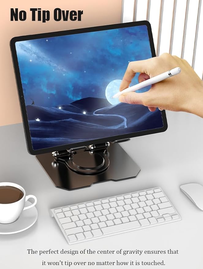 Dual 360° Rotating Tablet Stand Holder for Desk with Carbon Steel Base, Table Tablet Support with Dual Rod Adjustable Compatible for iPad Pro 13 12 11 Air Mini 5 4 3 (Black)