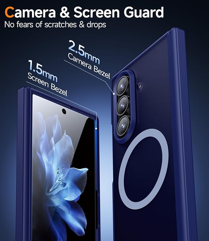 for Samsung Galaxy-Z-Fold-7 Magnetic Case: Compatible with Magsafe & Built-in Hinge Protection & HD Screen Protector - Lightweight Durable Translucent Matte Phone Cover for Z Fold7 5G 2025 (Blue)