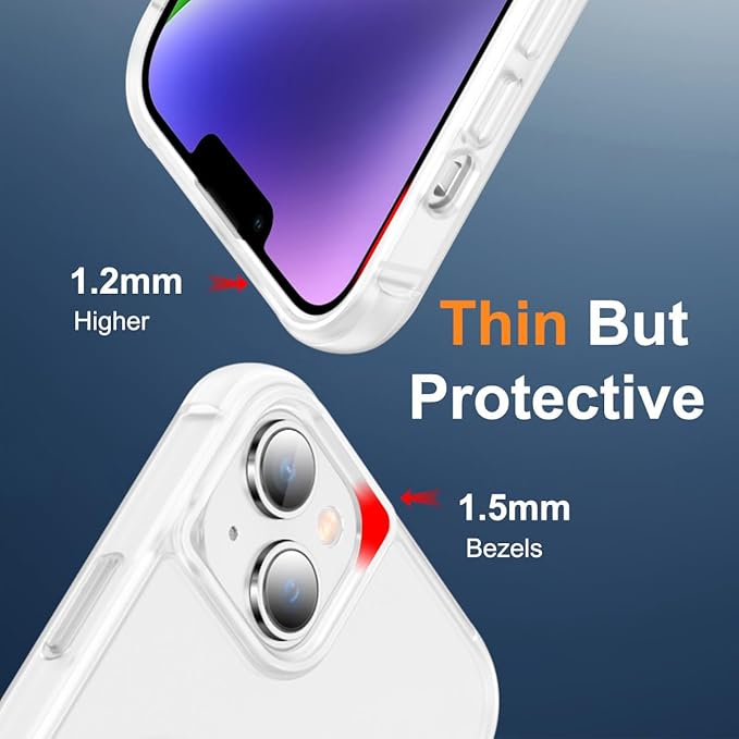 Magnetic Compatible with iPhone 14 Plus Case with Stand [Military Grade Drop Tested][Compatible with Magnet] Ring Translucent Slim Hard Back Soft Edge, Frost White