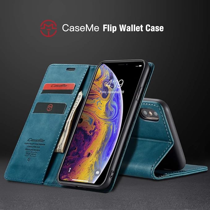 for iPhone X/iPhone Xs Case, Flip Wallet Leather Case with Card Holder Magnetic Closure Shockproof Kickstand Protective Phone Cases Cover for iPhone X, Blue-Green