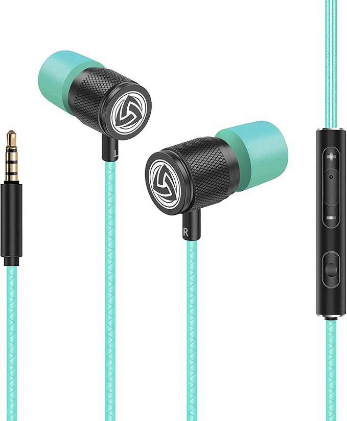 LUDOS Ultra Wired Earbuds in-Ear Headphones, 5 Years Warranty, Earphones with Mic, Noise Isolating Ear Buds, Memory Foam for iPhone, Samsung, School Students, Kids, Women, Small Ears - Turquoise