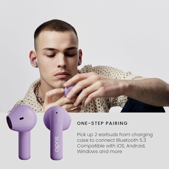 Sudio A1 True Wireless Earbuds, Bluetooth Earbuds 5.3, Noise Cancelling Earbuds, Waterproof Earbuds, Touch Control, Wireless Earphones with Charging Case, Perfect for Premium Sound Quality (Purple)