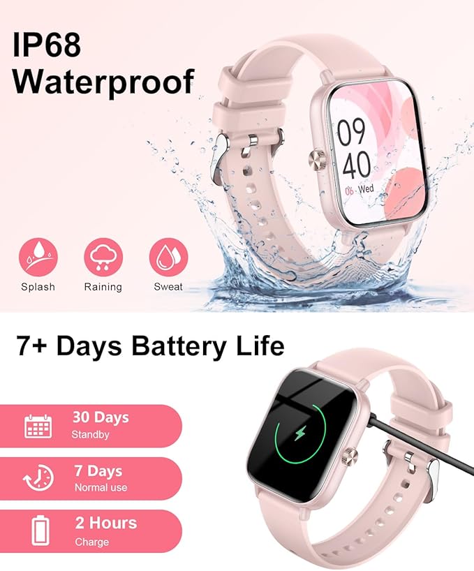 Smart Watch for Women with Bluetooth Call Answer/Dail,1.85" DIY Dial Fitness Watch with Heart Rate Sleep Monitor Step Counter 120+ Sports Modes Waterproof Women's Smart Watch for Android iOS (Pink)