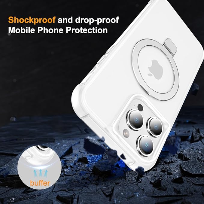 Magnetic Compatible with iPhone 13 Pro Max Case with Stand [Military Grade Drop Tested][Compatible with Magnet] Ring Translucent Slim Hard Back Soft Edge, Frost White