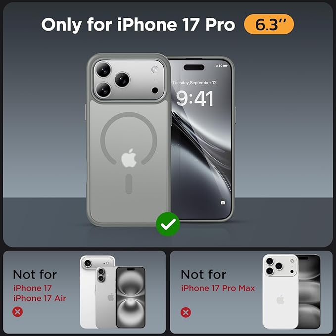 Miracase Magnetic for iPhone 17 Pro Case Armbands 6.3" with Screen Protector, [Compatible with MagSafe] Military-Grade Protection, Anti-Fingerprint, Slim Thin Phone Case for 17 Pro Cover, Gray