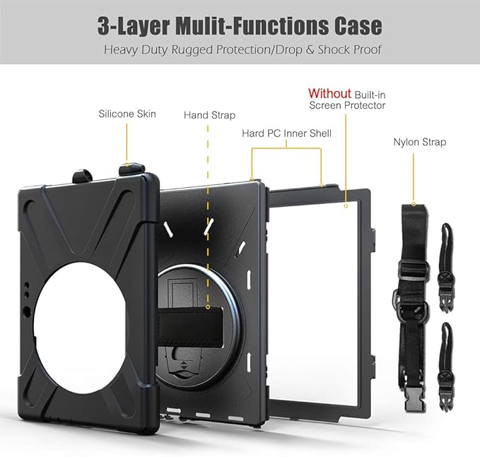 ZenRich Case for Surface Pro 7 Plus/ 7/6/ 5/4/ LTE with Pencil Holder, 360 Rotatable Stand, Hand Strap and Shoulder Belt - Heavy Duty Shockproof Full Body Protection Case - Black