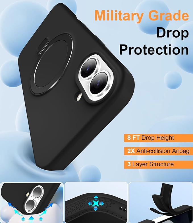 ZHK Liquid Silicone Designed for iPhone 17 Case with Magnet Stand, [Precise Camera Lens Protection][Mil-Grade Drop Shockproof][Soft Anti-Scratch Microfiber Lining] Slim Fit Cover, Black