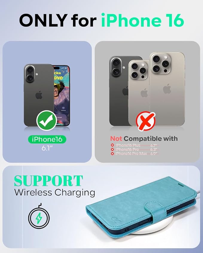 OCASE Compatible with iPhone 16 Wallet Case, PU Leather Flip Folio Case with Card Holders RFID Blocking Kickstand [Shockproof TPU Inner Shell] Phone Cover 6.1 Inch 2024, Ice Blue