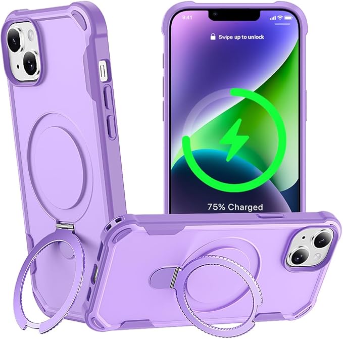 Designed for iPhone 14 Case with Magnetic Stand [Military Drop Protection][Compatible with Magnet] Shockproof 14 Phone Case with Ring Holder, Purple