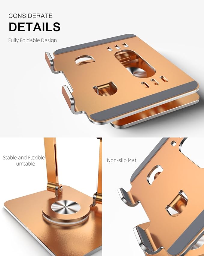 Tablet Stand Holder with Thickened 360°Rotating Base Dual Rod Adjustable Aluminum Stand for All 5.8-12.9” iPad Samsung Phone Tablet Kindle E-Reader and More, Rose