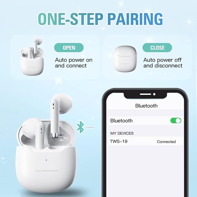 True Wireless Earbuds White Bluetooth 5.3 with Microphone for Working Out Noise Canceling Blue Tooth Ear Buds Deep Bass TWS Wireless Earphones with Charging Case in Ear Headphone for iPhone Android