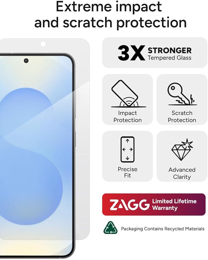 ZAGG Glass+ Samsung Galaxy S25+/ S24+ Screen Protector – Extreme Impact & Shatter Protection, Scratch-Resistant, Smudge-Resistant, Fingerprint Scanner Compatible, InvisibleShield, Easy Installation