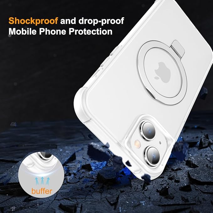 Magnetic Compatible with iPhone 14 Plus Case with Stand [Military Grade Drop Tested][Compatible with Magnet] Ring Translucent Slim Hard Back Soft Edge, Frost White
