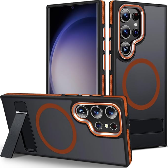 Case for Samsung Galaxy S24 Ultra with Kickstand, Compatible with MagSafe, Anti-Slip Galaxy S24 Ultra Case, 3-Modes Stand Military-Grade Protection, S24 Ultra Magnetic Cover (Black/Orange)