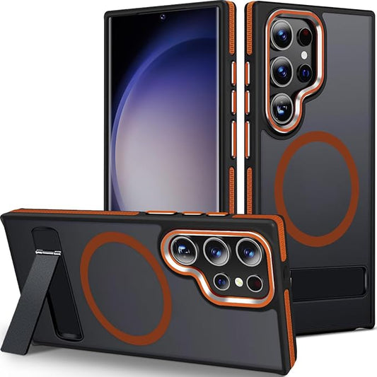 Case for Samsung Galaxy S24 Ultra with Kickstand, Compatible with MagSafe, Anti-Slip Galaxy S24 Ultra Case, 3-Modes Stand Military-Grade Protection, S24 Ultra Magnetic Cover (Black/Orange)