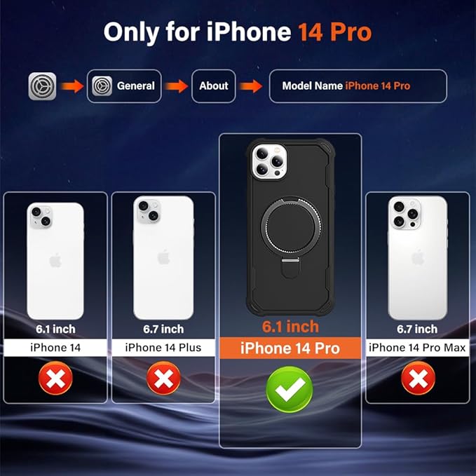 Designed for iPhone 14 Pro Case with Magnetic Stand [Military Drop Protection][Compatible with Magnet] Shockproof 14 Pro Phone Case with Ring Holder, Black