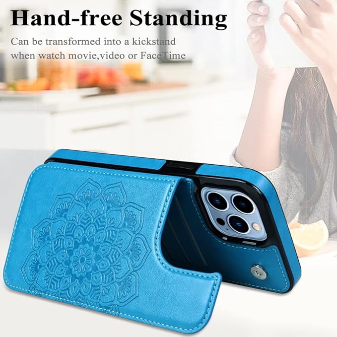 MMHUO for iPhone 14 Pro Max Case with Card Holder,Flower Magnetic Buttons Protective Wallet Case for Women for iPhone 14 Pro Max,Blue