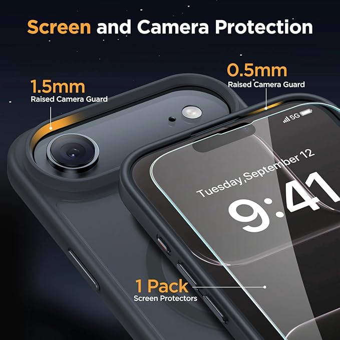 Miracase Magnetic for iPhone Air Case 2025 with Screen Protector(Compatible with MagSafe), Slim Thin Translucent Matte Military-Grade Protected Phone Cover for iPhone 17 Air 6.5"Armbands, Space Black