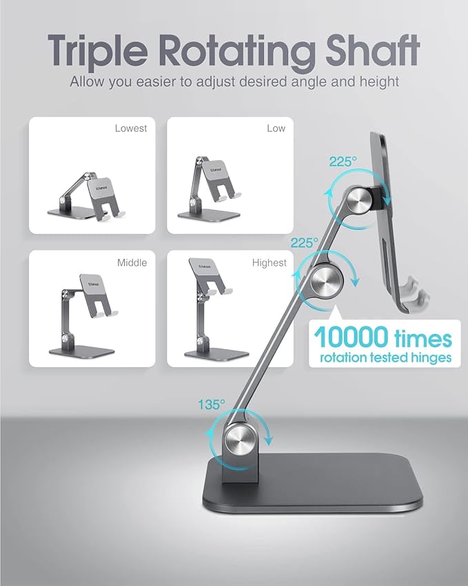 elitehood Aluminum iPad Stand, Adjustable iPad Stand Holder for Desk, Desktop Tablet Stand Dock for iPad Pro 12.9 11 Air Mini 4 5 and More 4-13 inches Tablets, Gray