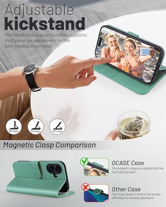 OCASE Compatible with iPhone 16 Wallet Case, PU Leather Flip Folio Case with Card Holders RFID Blocking Kickstand [Shockproof TPU Inner Shell] Phone Cover 6.1 Inch 2024, Green