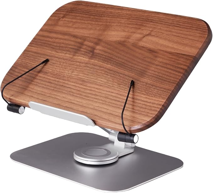 Book Stand for Reading, Mayhas Adjustable Book Holder with 360° Swivel Base&Page Clips, Foldable Desktop Stand for Cookbook, Fits All Books (Walnut, Aluminum Base)