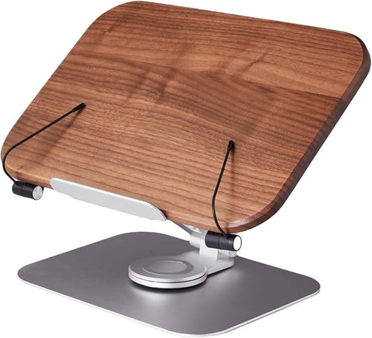 Book Stand for Reading, Mayhas Adjustable Book Holder with 360° Swivel Base&Page Clips, Foldable Desktop Stand for Cookbook, Fits All Books (Walnut, Aluminum Base)