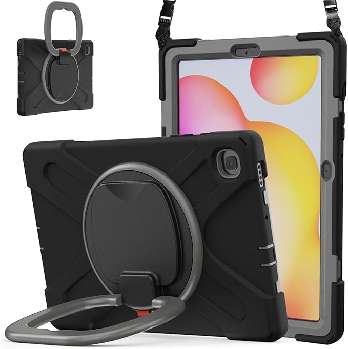 360 Rotation Case for Samsung Galaxy Tab S6 Lite 10.4" Sturdy Cover Rotate Ring Stand Shoulder Carrying Strap Hand Strap Rugged Children Adults Outdoor Case (Black+Gray)