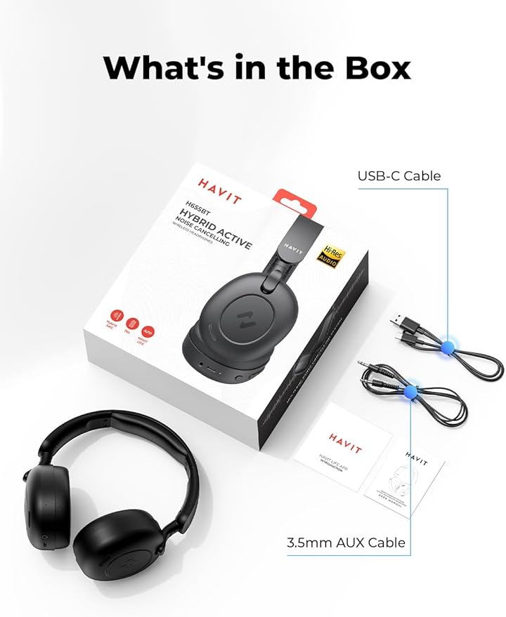 havit H655BT Hybrid Active Noise Cancelling Headphones for Airplane Travel, Wireless Over Ear Bluetooth Headphones, 76H Playtime, Hi-Res Audio, Super Bass via App, 5 Mic for Noise Cancelling