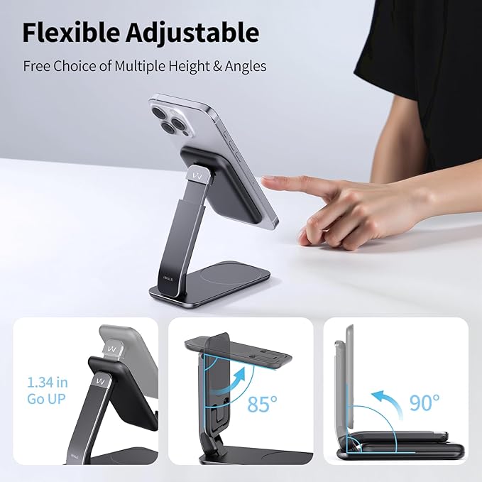 iWALK Magnetic Cell Phone Stand for Desk, Angle and Height Adjustable Mobile Phone Holder, Foldable Magnet Stand for iPhone 16 15 14 13 12 Pro Max and iPad, Cell Phone Holder for Samsung Galaxy, Black