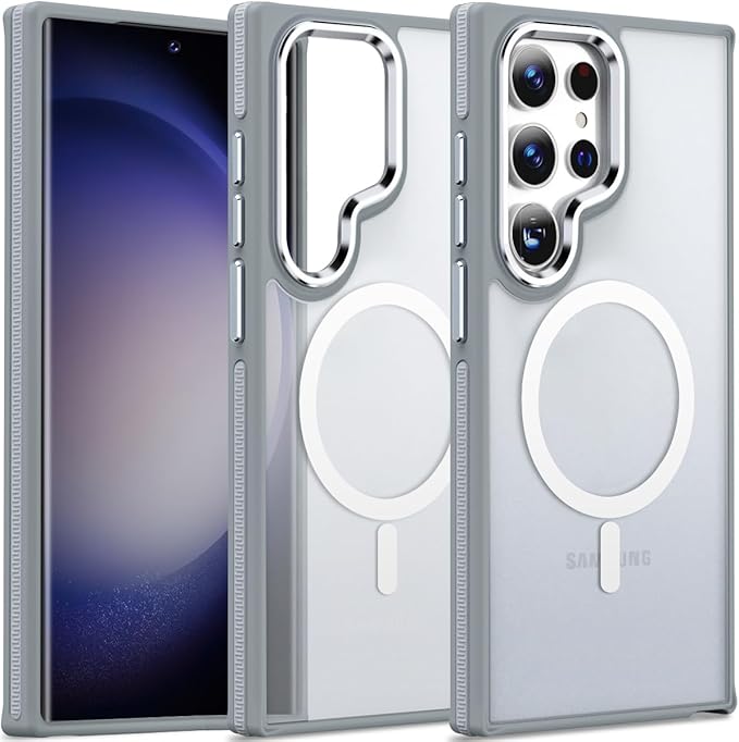 for Samsung Galaxy S24 Ultra Case, Magnetic Cover Compatible with Magsafe, Metal Camera Frame, Drop Protection Silky Translucent Phone Case for Galaxy S24 Ultra (Grey/White)