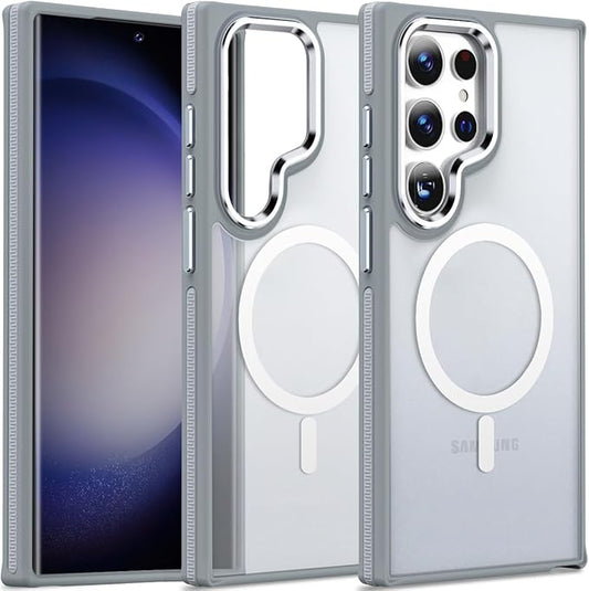 for Samsung Galaxy S24 Ultra Case, Magnetic Cover Compatible with Magsafe, Metal Camera Frame, Drop Protection Silky Translucent Phone Case for Galaxy S24 Ultra (Grey/White)