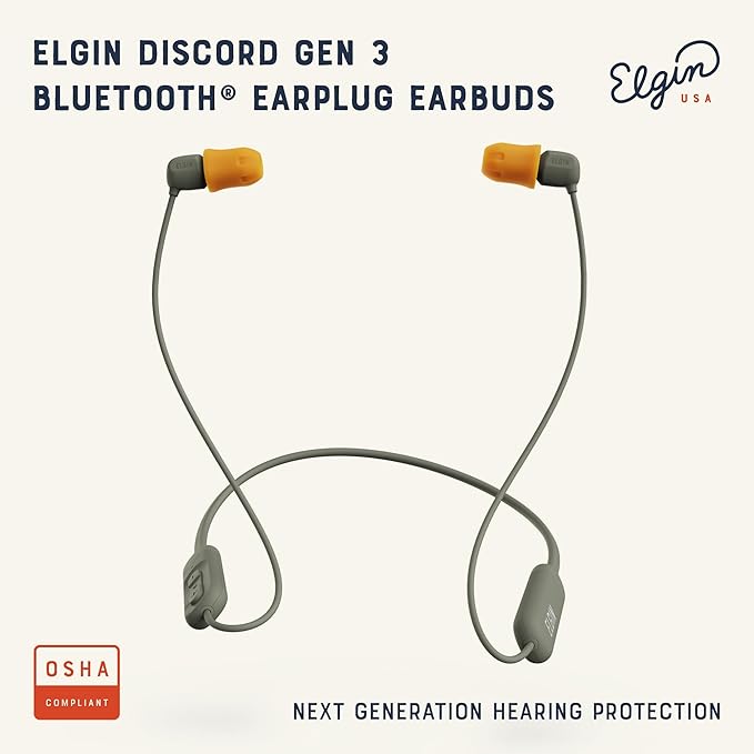 Elgin Discord Gen 3 Bluetooth Earplug Earbuds, OSHA Compliant Wireless in-Ear Headphones, 31dB NRR ANSI Certified Noise Isolation, Dynamic 8mm Driver, USB-C Charging, 14-Hour Playback