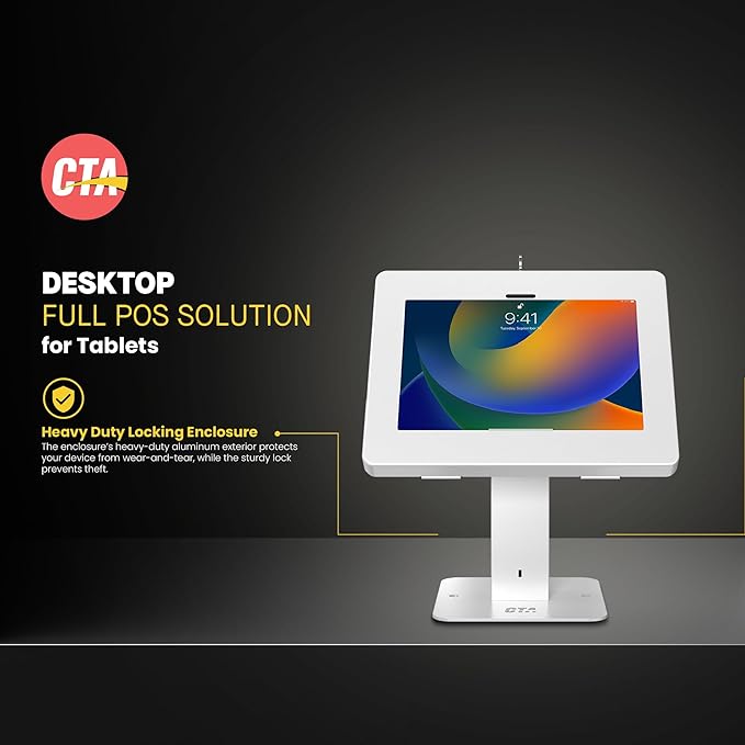 CTA Digital Sleek Rotating POS Desk Mount with Security Enclosure for iPad 10th Gen A16, iPad Air 11" M3 & M2, Pro 11", Galaxy Tab A7 & More - White (PAD-RSDMW)