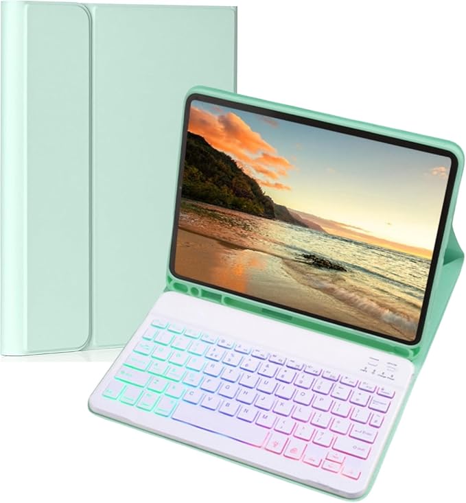 Keyboard Case for Galaxy Tab S10 Lite/ S10 FE/ S9 FE/S9/S8/S7, Slim Lightweight 7 Color Rainbow Backlight Detachable Magnetic Keyboard Cover with S Pen Holder, Mint Green